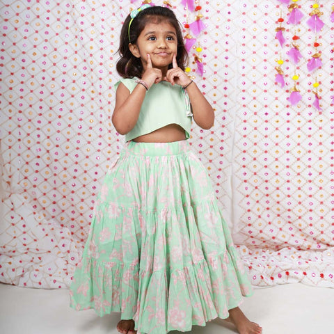 Green Top With Floral Tiered Ghagra